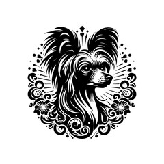 Chinese crested dog portrait with decorative elements isolated on white background