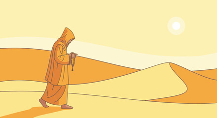 Obraz premium A Monk's spiritual journey through the desert with prayer beads in hand under the scorching sun