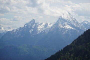 The panorama of Watzmann mountain opening from Untersberg, the Bavarian Alps, Germany