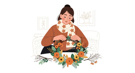 Obraz premium A woman making a floral wreath at home, creative hobby and fall season concept with floral decorations for autumn festive mood illustration