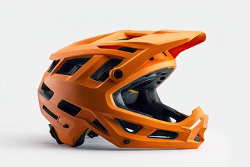 Vibrant orange full-face mountain bike helmet, angled left, showcasing extensive ventilation and a detachable chin bar