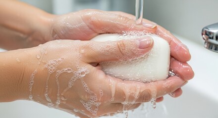 Fototapeta premium Soap and water hygiene: hands lathered for cleanliness and germ prevention