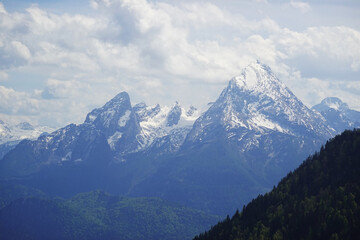 Fototapeta premium The panorama of Watzmann mountain opening from Untersberg, the Bavarian Alps, Germany