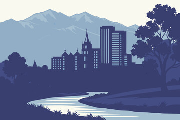 Salt Lake City skyline at twilight with mountain silhouettes and trees bordering the calm Jordan River, modern flat illustration style.
