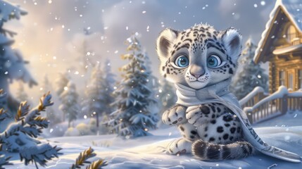 a cute baby snow leopard wearing a white scarf