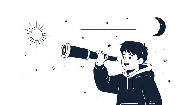 A young explorer gazes through a telescope, dreaming of distant worlds and cosmic wonders, fostering curiosity
