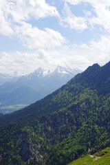 The panorama of Watzmann mountain opening from Untersberg, the Bavarian Alps, Germany