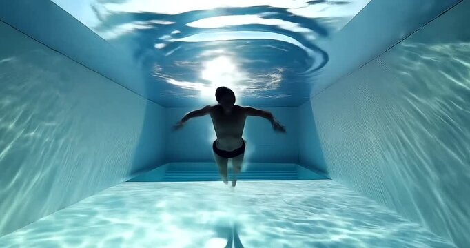 Man swimming underwater in a modern pool with clear blue water