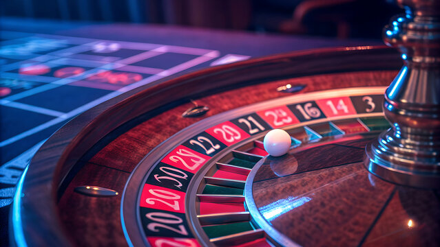 Closeup of a roulette wheel with a ball on the number 23 in a casino