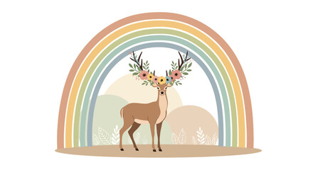 Fototapeta premium A charming bohemian illustration of a deer with floral antlers under a pastel rainbow design brings a whimsical and nature-inspired aesthetic
