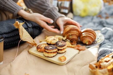 Cropped photo of picnic staff on a blanket and woman's hands