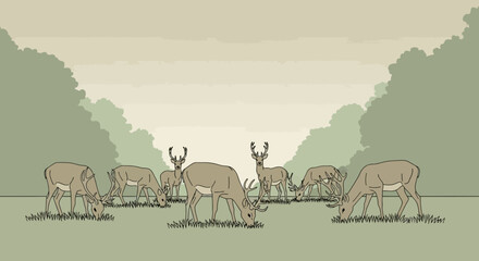 A serene depiction of a herd of deer grazing peacefully in a forest clearing sketch