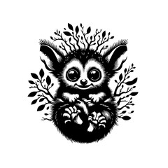 Cute tarsier with big eyes sitting on a branch isolated on white background