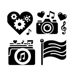 Collection of camera, heart, music and flag icons isolated on white background