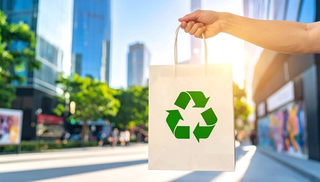 A person holding a white paper bag with a green recycling symbol, against a modern city skyline, promoting sustainability, eco-friendly shopping, and responsible consumption