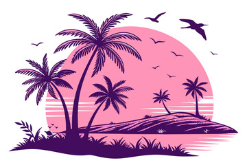 Tropical Sunset Serenity: A picturesque tropical scene unfolds with elegant palm trees silhouetted against a radiant sunset, inviting viewers to a moment of tranquil bliss and warmth.