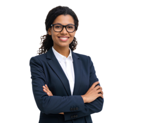 Elegant and Confident Female Professional in a Business Suit, Wearing Glasses, Radiat isolated on a transparent background.