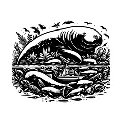 A black and white illustration of a manatee isolated on white background