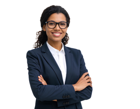 Elegant and Confident Female Professional in a Business Suit, Wearing Glasses, Radiat isolated on a transparent background.