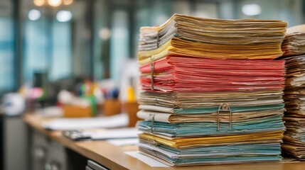 Stacked Folders in a Busy Office Environment with Natural Light