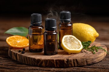 Three amber glass bottles of essential oil with citrus fruits and herbs on a rustic wooden surface, emitting a subtle steam