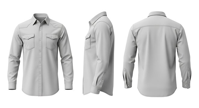 Long Sleeve Western Shirt Mockup, Front, Side and Back Views, Customizable Apparel Template