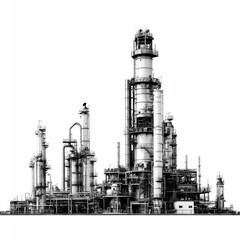 Obraz premium Monochrome depiction of an industrial refinery complex, showcasing tall distillation columns, interconnected pipes, and various processing units against a stark white background