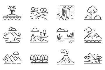 Explore a modern set of outline vector icons depicting various nature landscapes, such as mountains, rivers, waterfalls, islands, and forests, perfect for digital design.