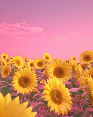 Fototapeta premium Vibrant pink sunset over a field of sunflowers interspersed with smaller pink flowers