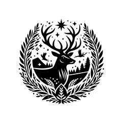 Obraz premium Illustration of a deer with large antlers in a forest setting isolated on white background