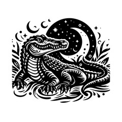 Alligator in the moonlight isolated on white background, a vintage engraving