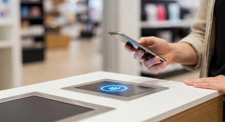 Person using smartphone for contactless payment at modern retail checkout