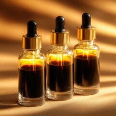Three amber glass bottles with gold droppers, filled with dark liquid, sit on a tan surface bathed in warm light