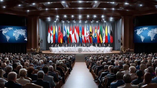 Global Summit: A prestigious conference of delegates from countries worldwide convene, flags of nations displayed prominently. The auditorium buzzed with international unity.