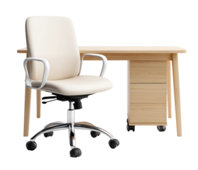 Modern office chair and wooden desk set for workspace.