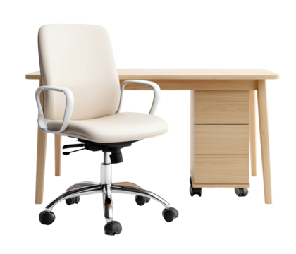 Modern office chair and wooden desk set for workspace.