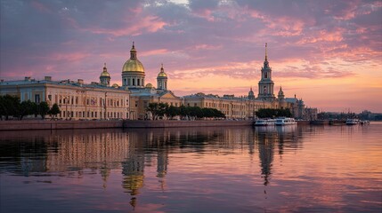 Obraz premium The golden domes of Saint Petersburg glow softly at sunset, casting a warm light over the historic city. 