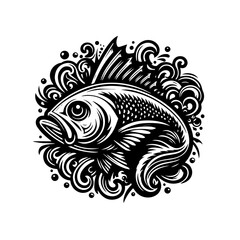 Detailed black and white drawing of a fish surrounded by waves isolated on white background