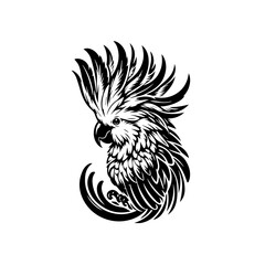 Detailed black and white illustration of a cockatoo with prominent crest isolated on white background