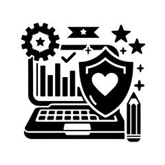 Laptop with data graph, shield and heart isolated on white background