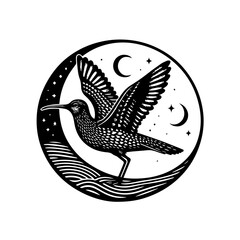 A bird flying in front of the moon isolated on white background