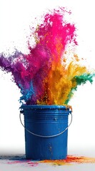 Vibrant rainbow powder erupts from a blue bucket against a stark white background, creating a dynamic, colorful explosion