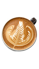 Studio shot of latte art:  Intricate leaf design in a dark-handled mug, warm inviting mood, high-resolution image.