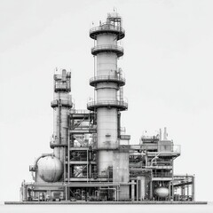 Monochrome rendering of an industrial refinery complex, showcasing tall cylindrical structures, interconnected piping, and spherical tanks against a plain background