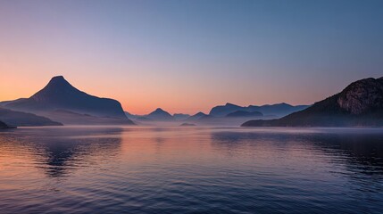 The peaceful fjords of Norway at dawn are cloaked in soft mist, reflecting the gentle hues of the waking sky.
