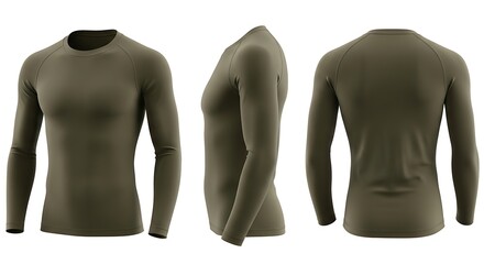 Olive Green Long Sleeve Compression Shirt Mockup: Front, Side, and Back Views