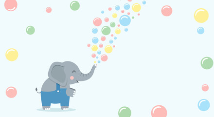 Fototapeta premium Adorable Cartoon Elephant Blowing Colorful Bubbles, Perfect for Children's Designs and Illustrations