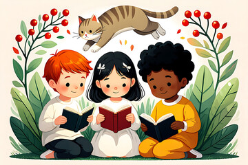 Diverse children reading books with a playful cat in whimsical illustration style for educational and inclusive content