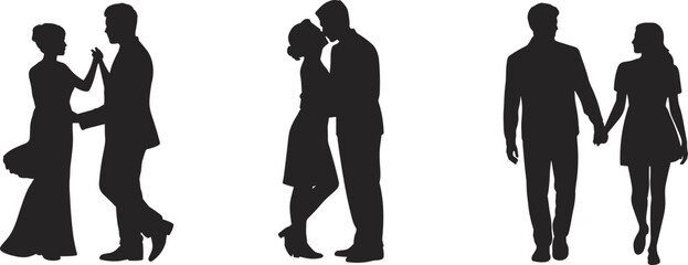 Romantic couple silhouette, dancing, kissing, walking hand in hand, love moments, Valentine's day, relationship concept, black and white illustration
