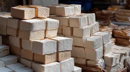 Stacked Blocks of Tofu for Sale in a Vibrant Market Setting
